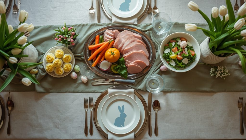 Easter brunch table with sliced ham, deviled eggs, fresh vegetables, and spring salad in soft natural light