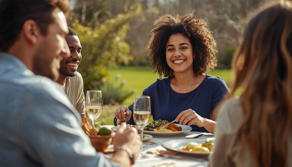 People enjoying a healthy outdoor meal with vegetables and balanced plates during a spring gathering